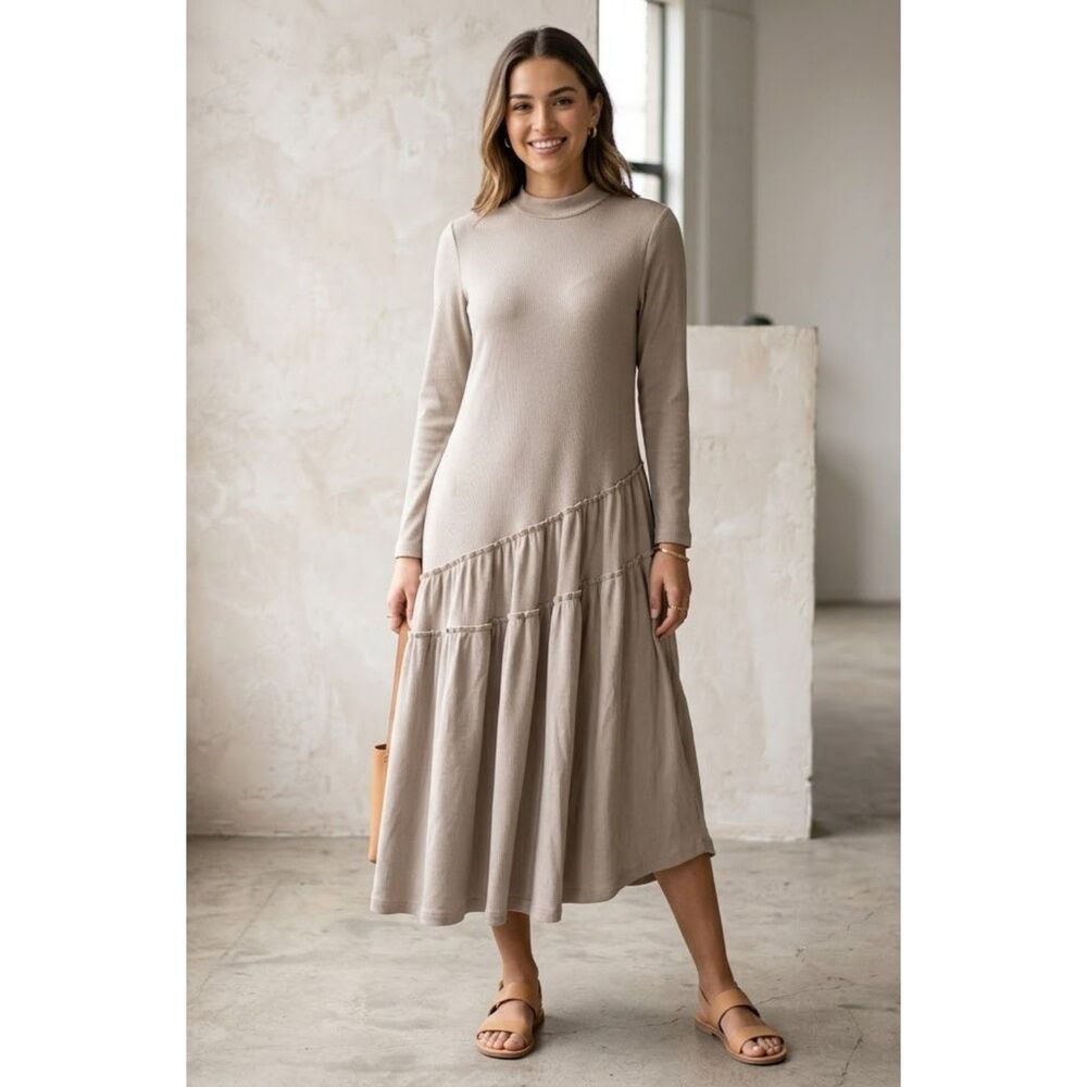 THE MIDDLE Tiered Asymmetrical Midi Dress Beige Cotton Knit Mock Neck Size S